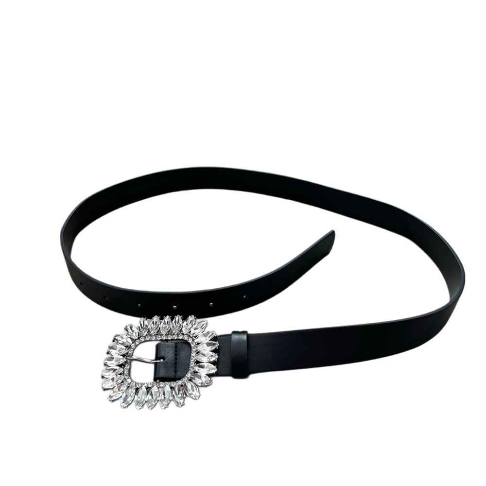 Express Black Belt with Diamond Stud Silver Buckle Size Small